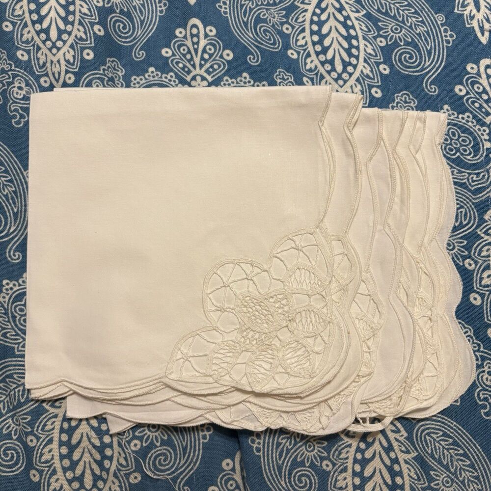 Vintage Napkins Embroidered Battenburg Lace Set of 6 Scalloped Edge 15x15